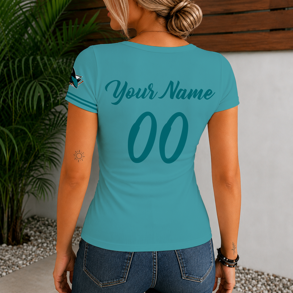 [SUPER SALE] NEW CUSTOMIZED NHL32 SJS SAN JOSE SHARKS WOMEN'S SHORT SLEEVE HENLEY T-SHIRT
