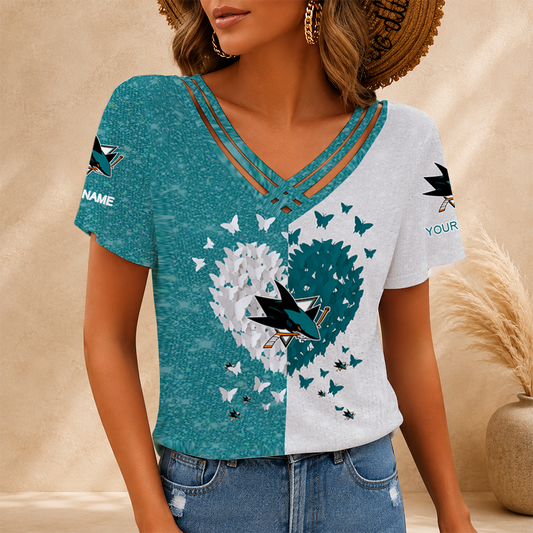 [SUPER SALE] NEW CUSTOMIZED NHL32 SJS SAN JOSE SHARKS V-NECK SHIRT