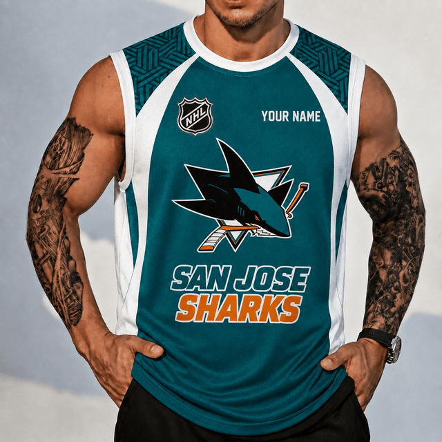 [SUPER SALE] NEW CUSTOMIZED NHL32 SJS SAN JOSE SHARKS TANK TOP & GYM SHIRT