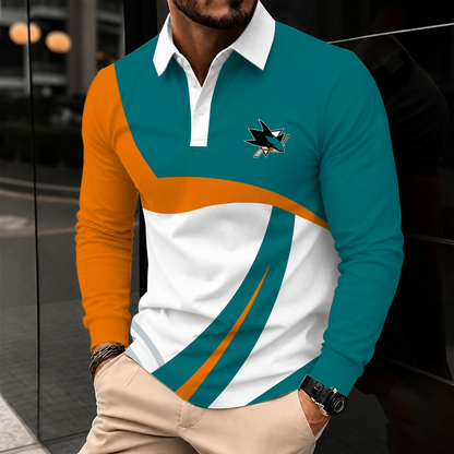 [SUPER SALE] NEW CUSTOMIZED NHL32 SJS SAN JOSE SHARKS MEN LONG SLEEVE POLO