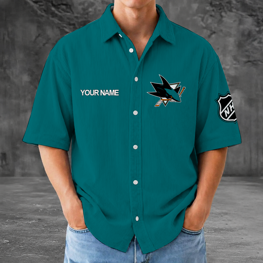 [SUPER SALE] NEW CUSTOMIZED NHL32 SJS SAN JOSE SHARKS SEERSUCKER BUTTON SHIRT