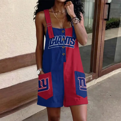 [SPECIAL OFFER] NEW CUSTOMIZED NFL32 NYG NEW YORK GIANTS WOMEN'S HIGH-WAISTED SHORTS OVERALLS