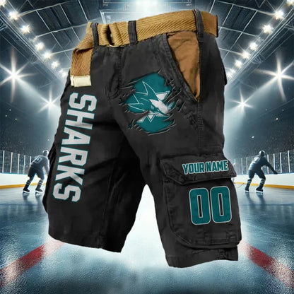 [SUPER SALE] NEW CUSTOMIZED NHL32 SJS SAN JOSE SHARKS CARGO SHORTS