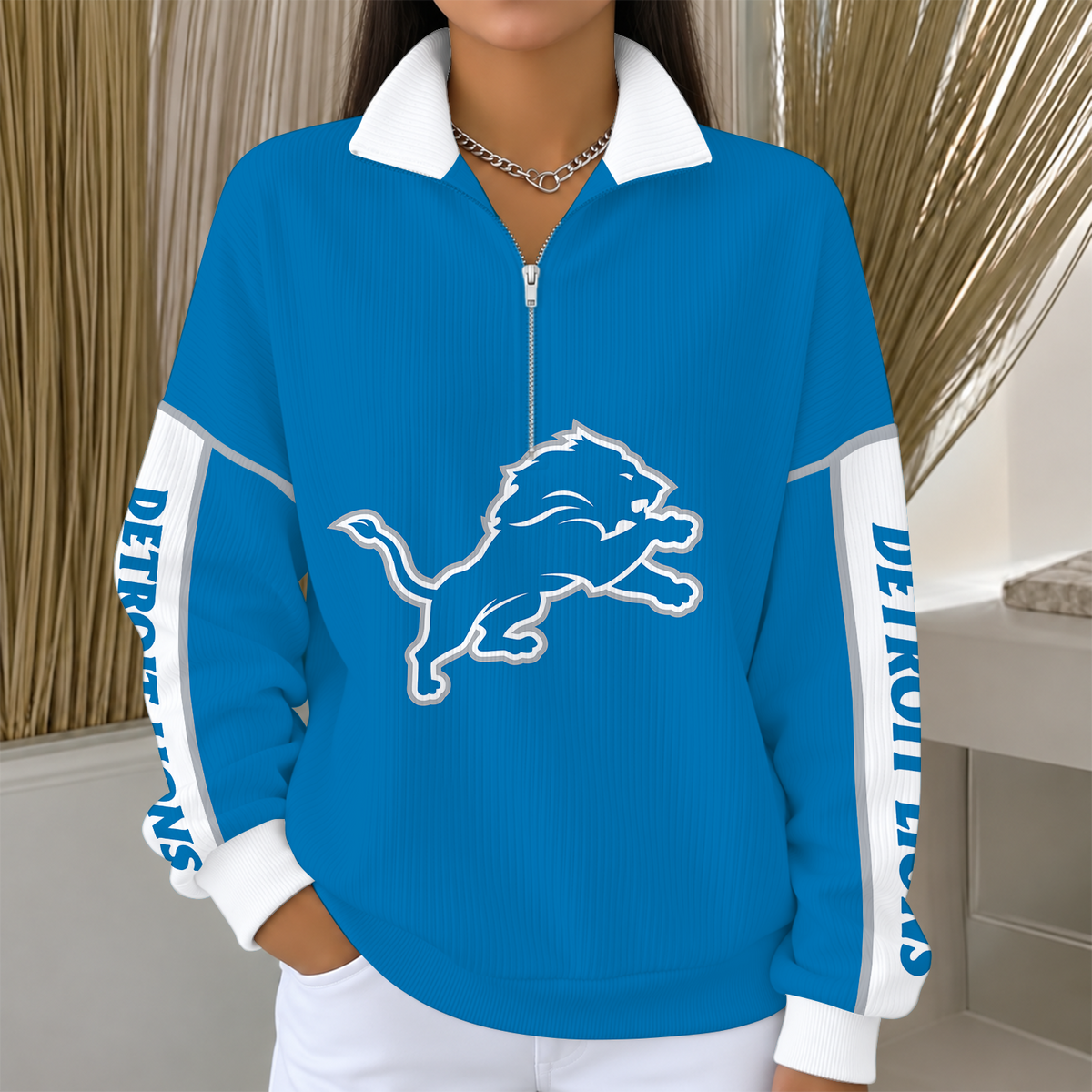 [SPECIAL OFFER] NEW CUSTOMIZED NFL04 DTL DETROIT LIONS QUARTER ZIP RIBBED SWEATER