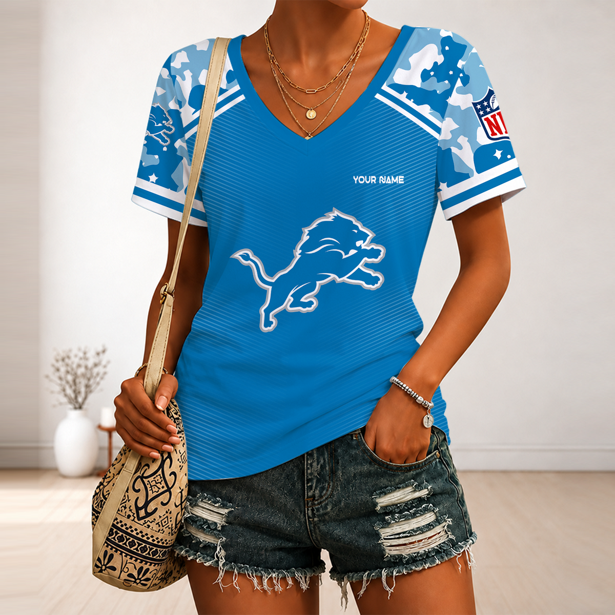 [SPECIAL OFFER] NEW CUSTOMIZED NFL04 DTL DETROIT LIONS V-NECK FEMALE SHIRT