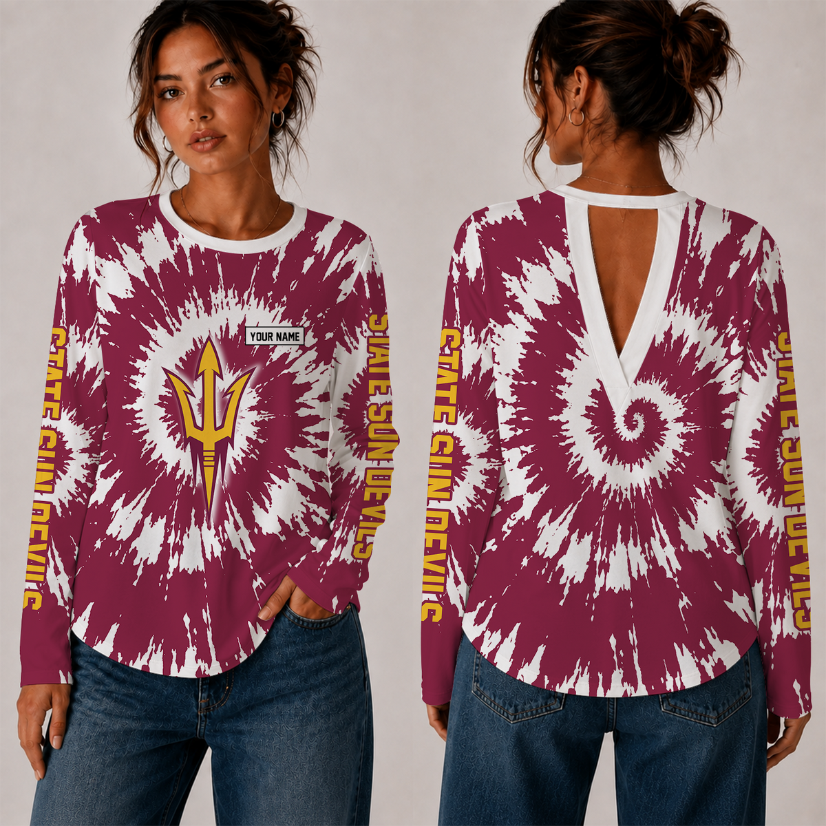 [FAN FAVORITE] NEW CUSTOMIZED NCAA FBS04 ASS ARIZONA STATE SUN DEVILS WOMEN'S BACK V-CUT LONG-SLEEVE SHIRT