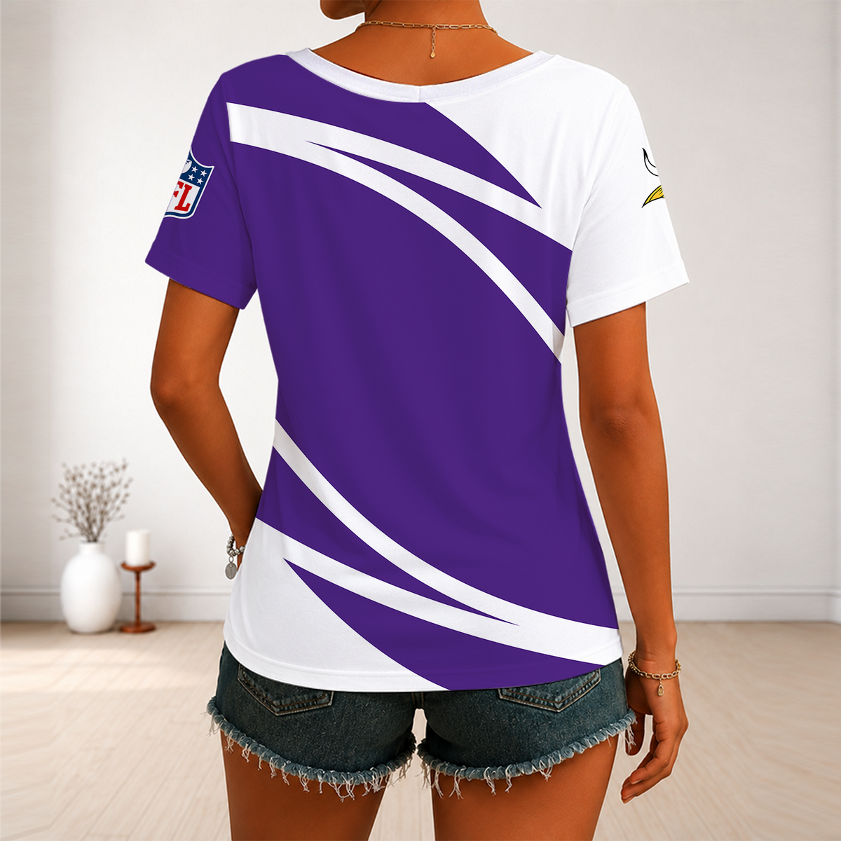 [SPECIAL OFFER] NEW CUSTOMIZED NFL05 MVK MINNESOTA VIKINGS V-NECK FEMALE SHIRT