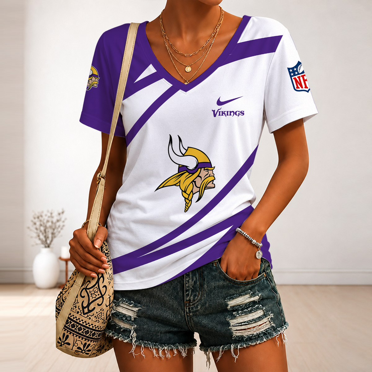 [SPECIAL OFFER] NEW CUSTOMIZED NFL05 MVK MINNESOTA VIKINGS V-NECK FEMALE SHIRT
