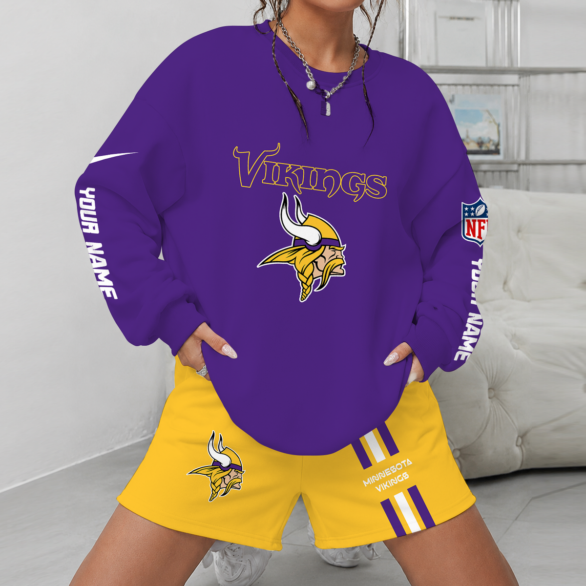 [SPECIAL OFFER] NEW CUSTOMIZED NFL05 MVK MINNESOTA VIKINGS UNISEX SWEATSHIRT & SHORTS SET