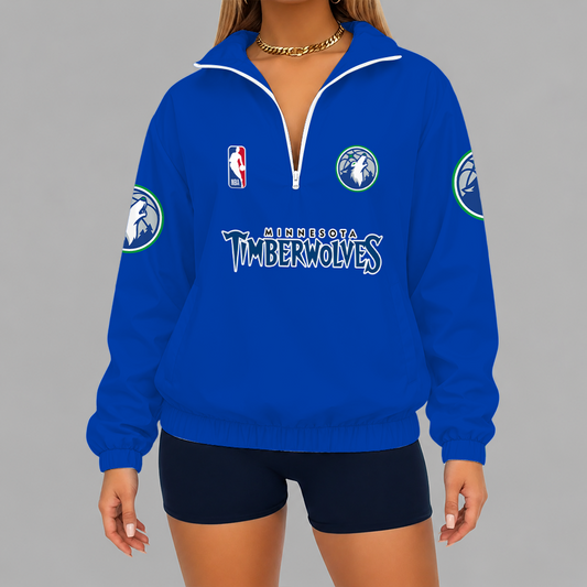 [HOT DEAL] NEW CUSTOMIZED NBA05 MTW MINNESOTA TIMBERWOLVES V-NECK ZIPPER SWEATSHIRT JACKET