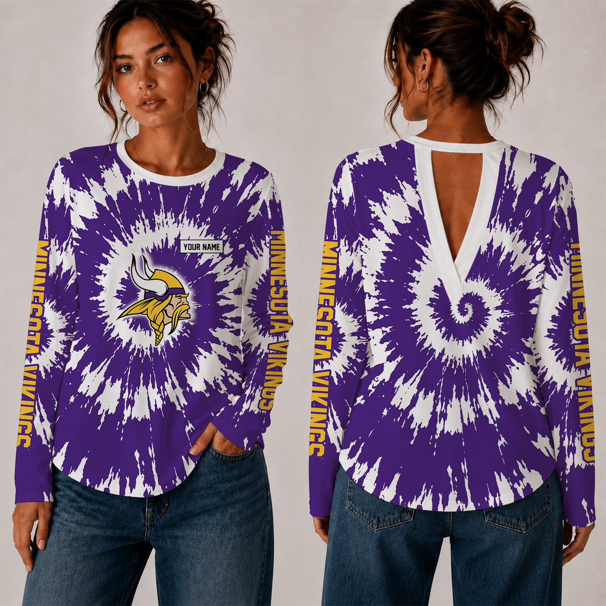 [SPECIAL OFFER] NEW CUSTOMIZED NFL05 MVK MINNESOTA VIKINGS WOMEN'S BACK V-CUT LONG-SLEEVE SHIRT