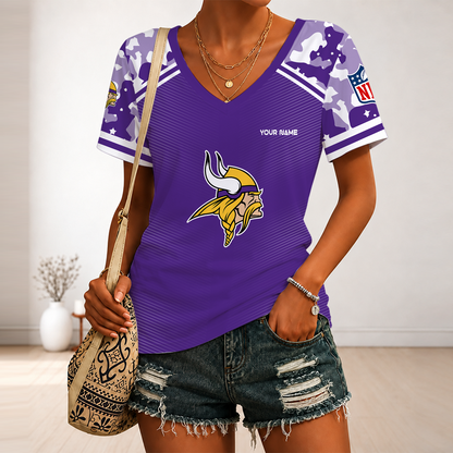 [SPECIAL OFFER] NEW CUSTOMIZED NFL05 MVK MINNESOTA VIKINGS V-NECK FEMALE SHIRT