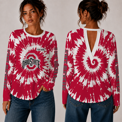 [FAN FAVORITE] NEW CUSTOMIZED NCAA FBS05 OSB OHIO STATE BUCKEYES WOMEN'S BACK V-CUT LONG-SLEEVE SHIRT