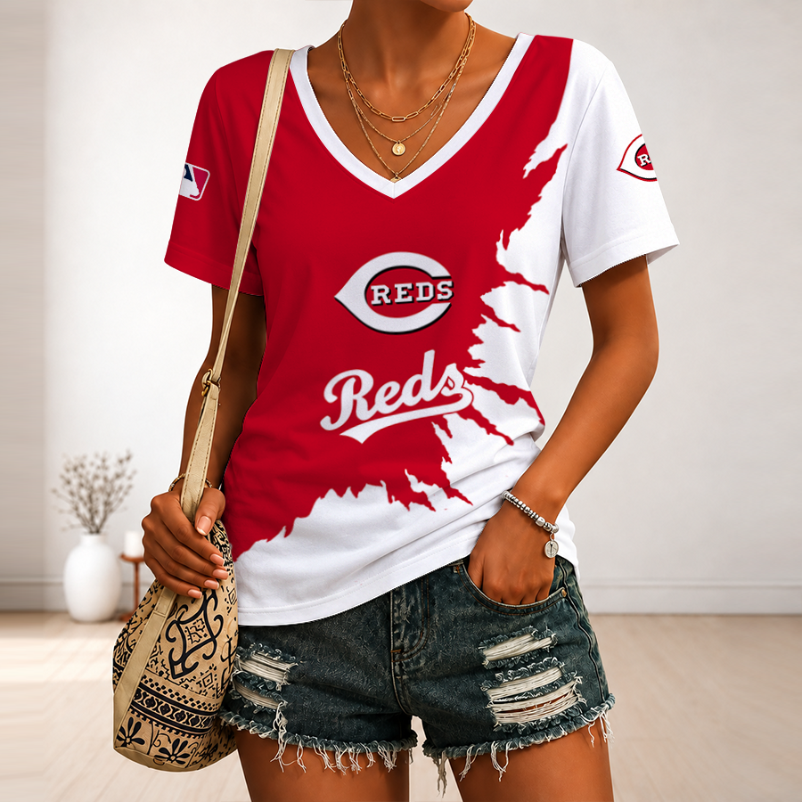 [FLASH SALE] NEW CUSTOMIZED MLB05 CRS CINCINNATI REDS V-NECK FEMALE SHIRT