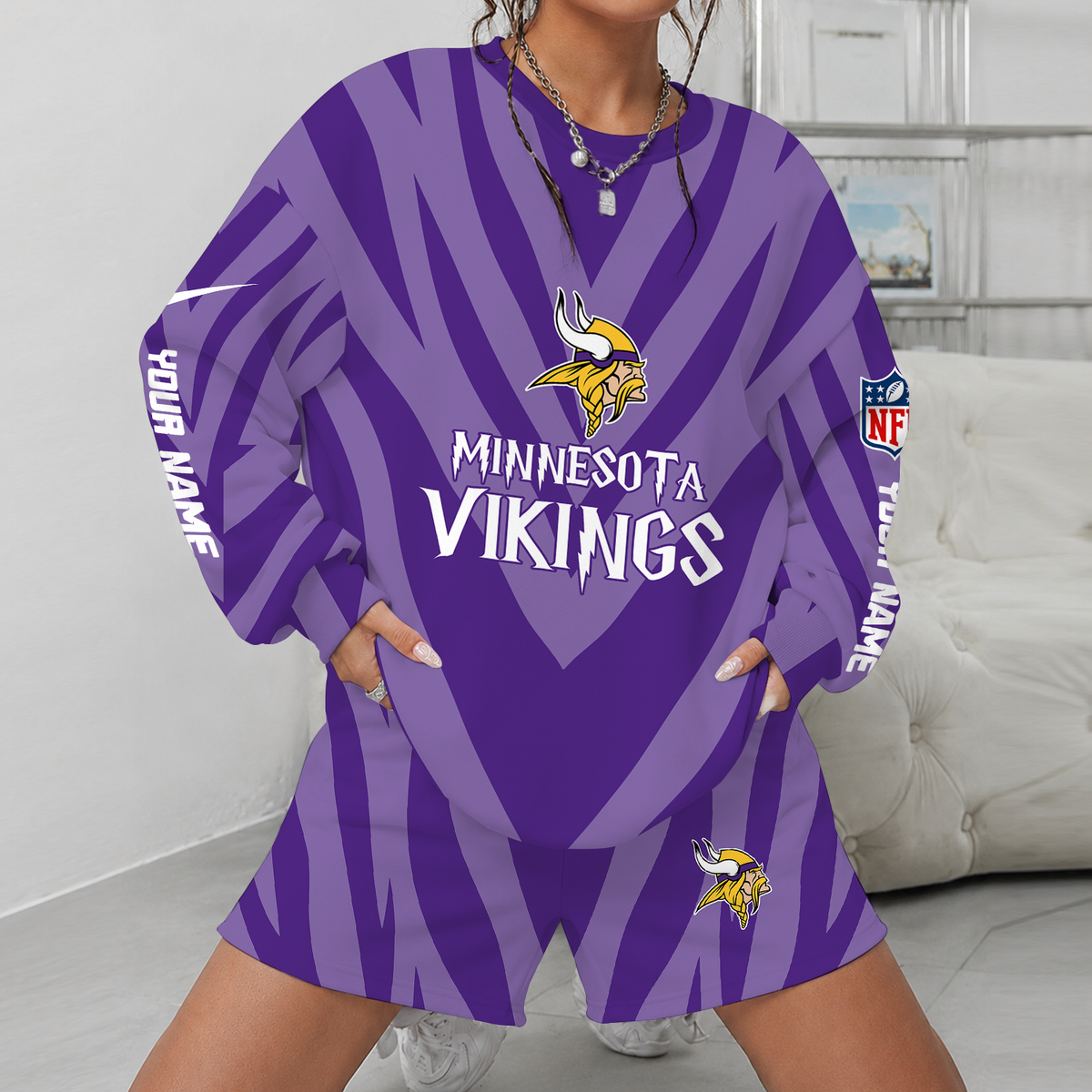 [SPECIAL OFFER] NEW CUSTOMIZED NFL05 MVK MINNESOTA VIKINGS UNISEX SWEATSHIRT & SHORTS SET