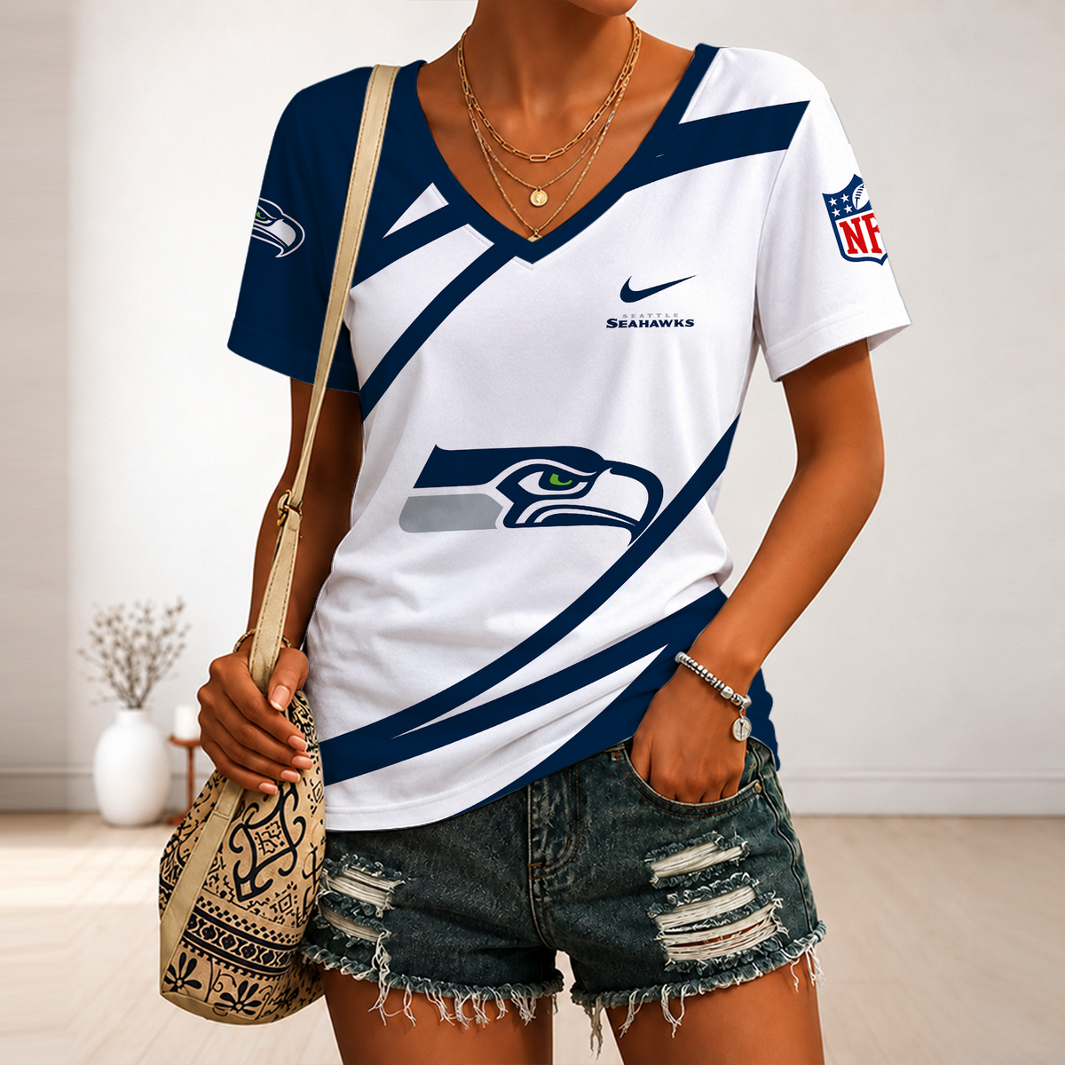 [SPECIAL OFFER] NEW CUSTOMIZED NFL06 SSH SEATTLE SEAHAWKS V-NECK FEMALE SHIRT