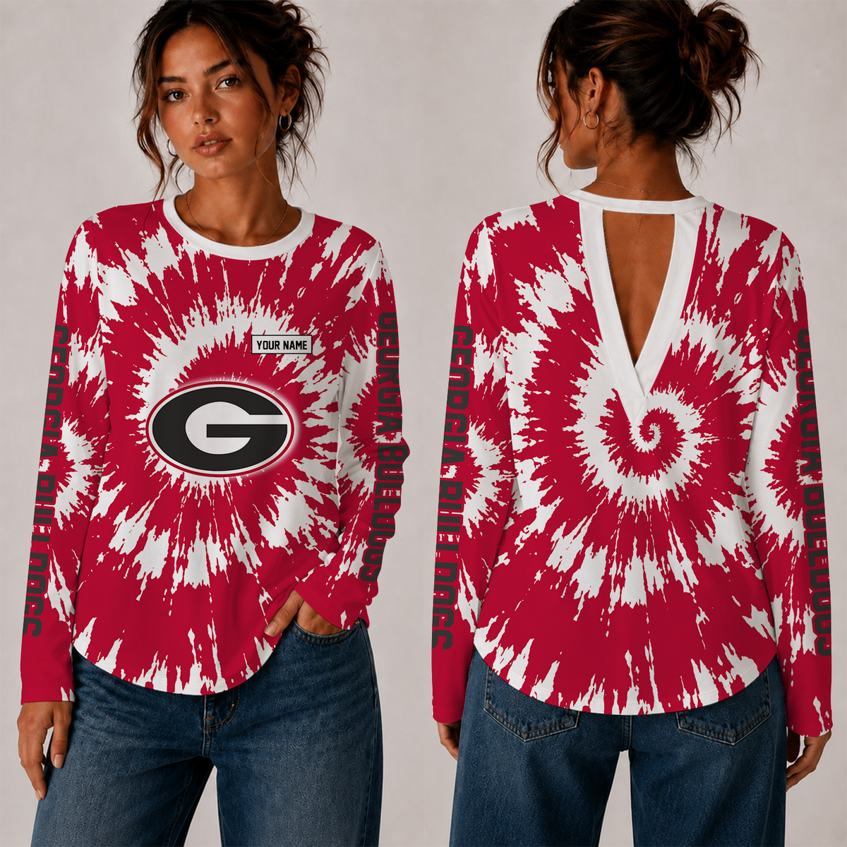 [FAN FAVORITE] NEW CUSTOMIZED NCAA FBS06 GEB GEORGIA BULLDOGS WOMEN'S BACK V-CUT LONG-SLEEVE SHIRT