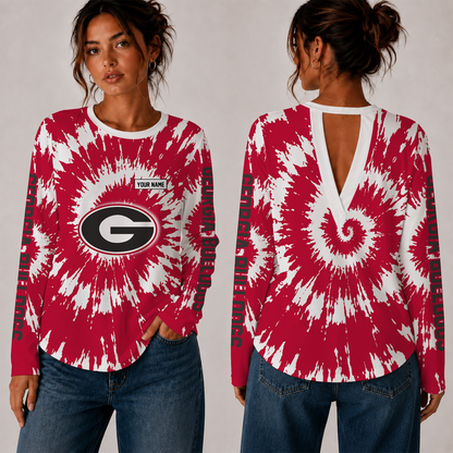 [FAN FAVORITE] NEW CUSTOMIZED NCAA FBS06 GEB GEORGIA BULLDOGS WOMEN'S BACK V-CUT LONG-SLEEVE SHIRT