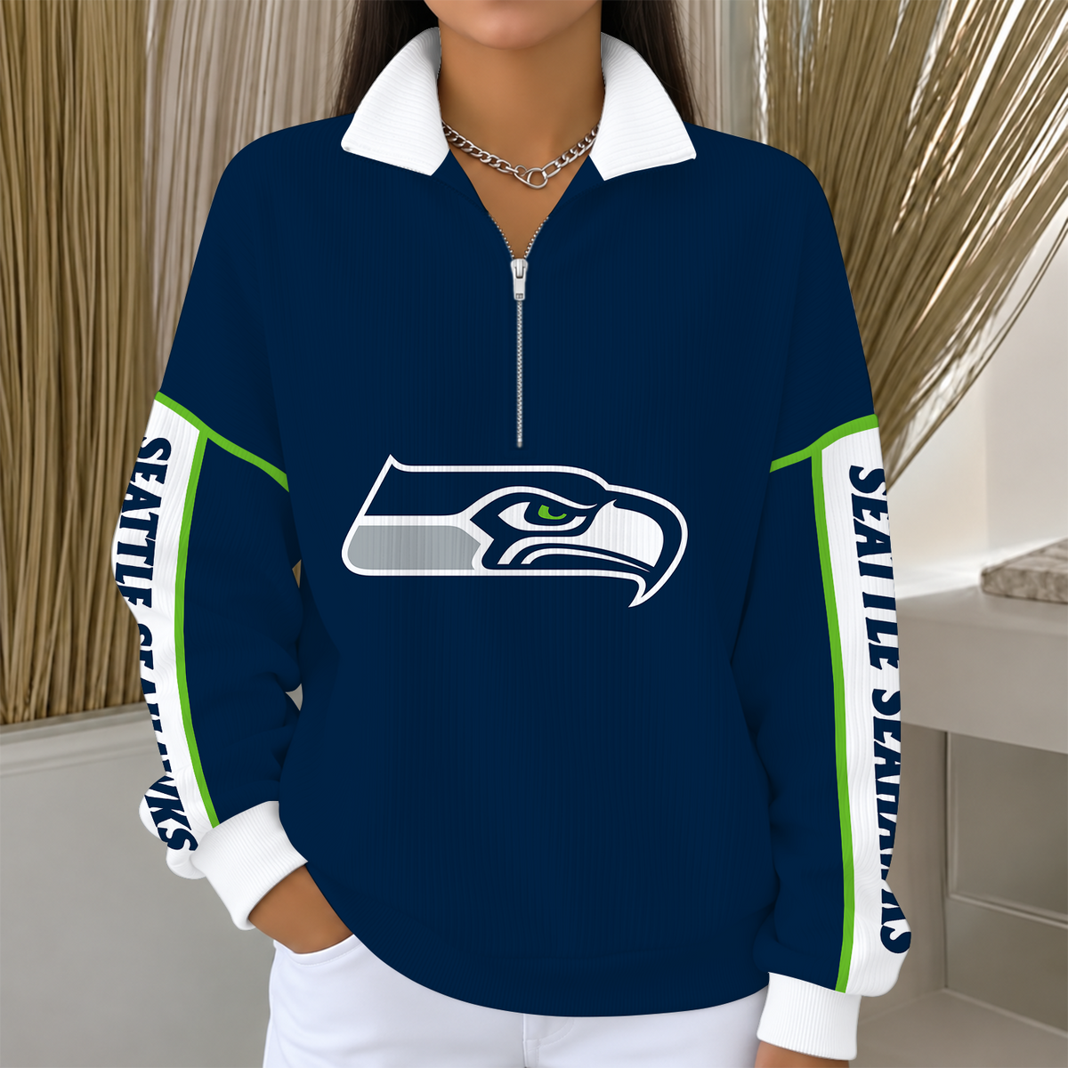 [SPECIAL OFFER] NEW CUSTOMIZED NFL06 SSH SEATTLE SEAHAWKS QUARTER ZIP RIBBED SWEATER