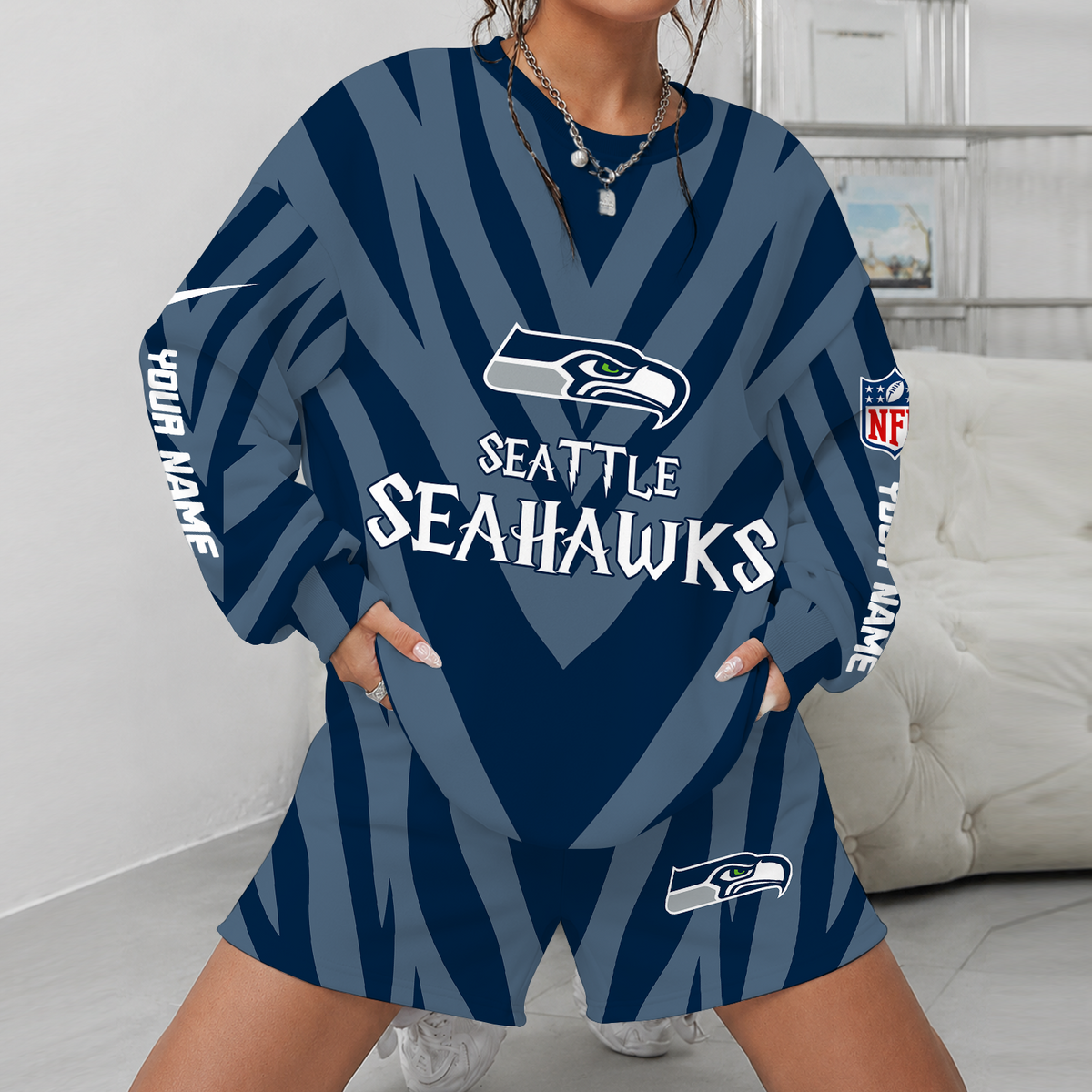 [SPECIAL OFFER] NEW CUSTOMIZED NFL06 SSH SEATTLE SEAHAWKS UNISEX SWEATSHIRT & SHORTS SET
