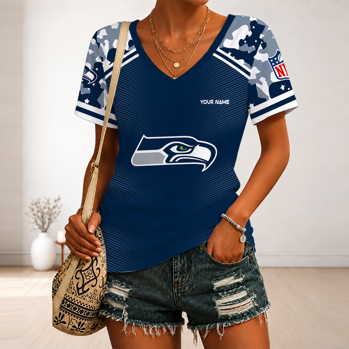 [SPECIAL OFFER] NEW CUSTOMIZED NFL06 SSH SEATLLE SEAHAWKS V-NECK FEMALE SHIRT
