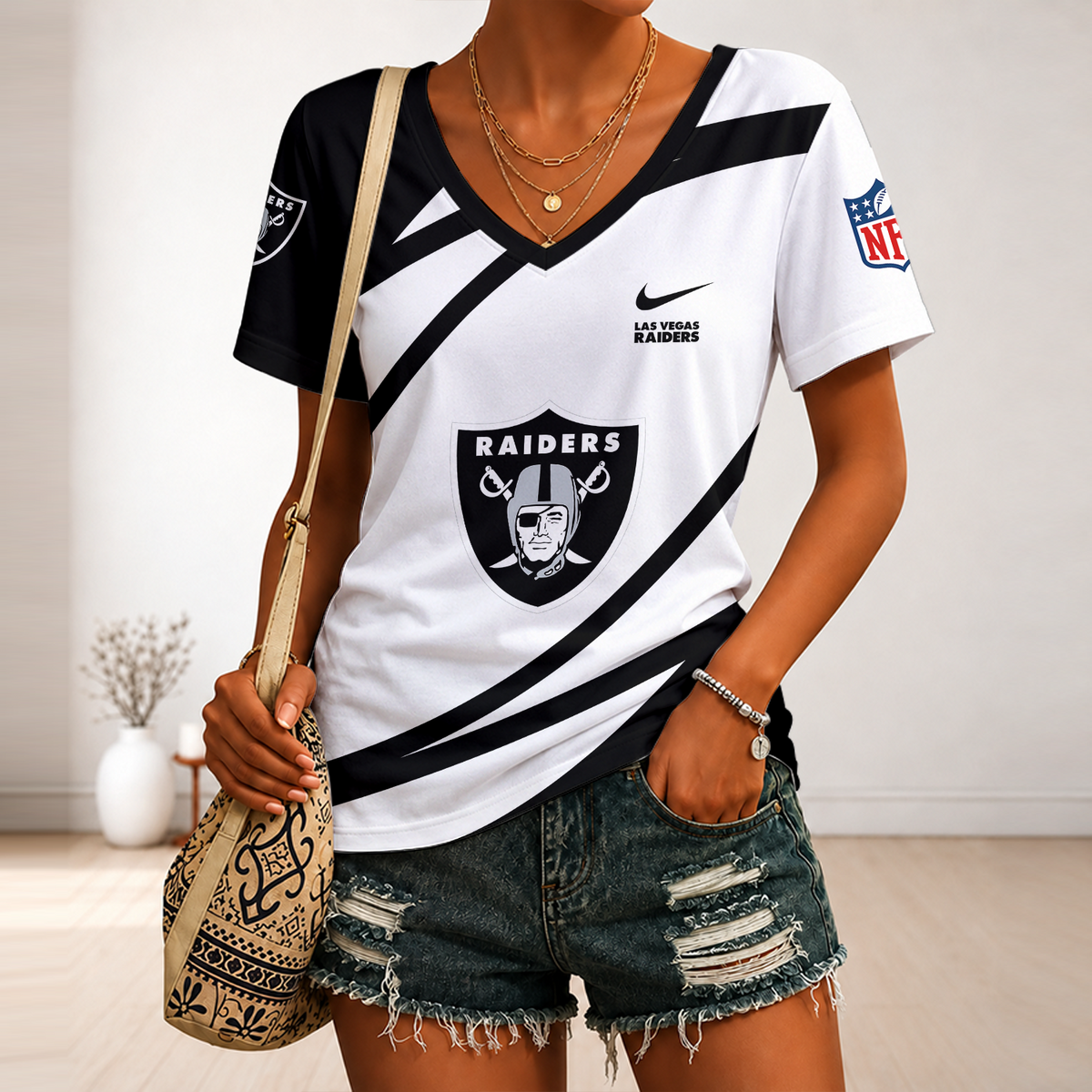 [SPECIAL OFFER] NEW CUSTOMIZED NFL07 LVR LAS VEGAS RAIDERS V-NECK FEMALE SHIRT