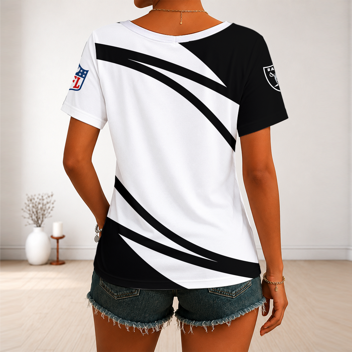 [SPECIAL OFFER] NEW CUSTOMIZED NFL07 LVR LAS VEGAS RAIDERS V-NECK FEMALE SHIRT