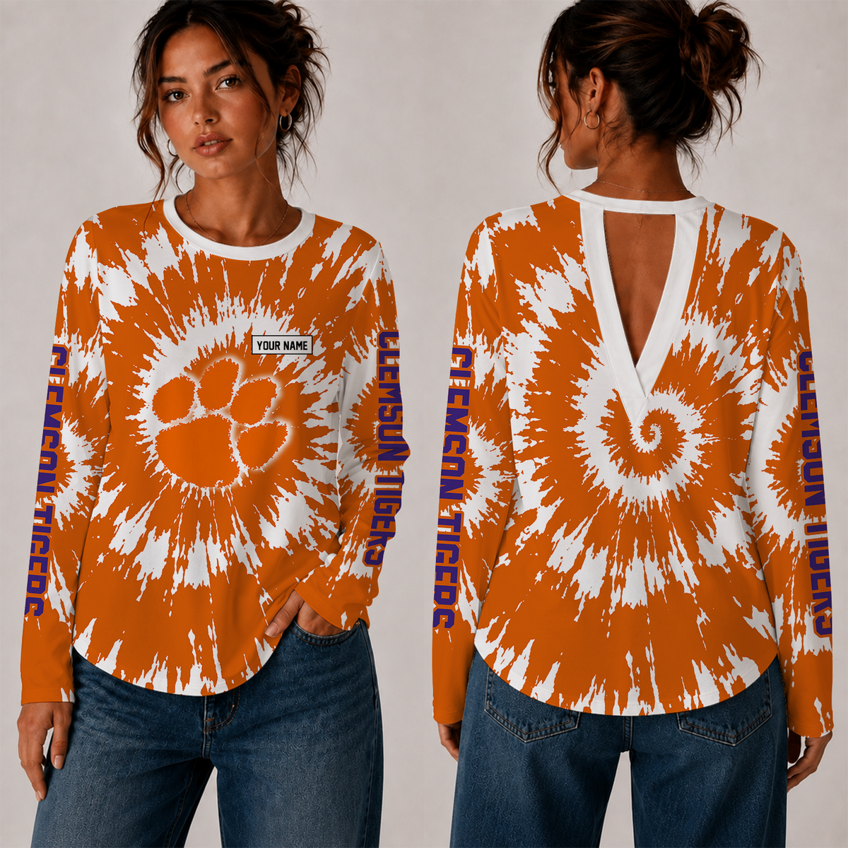 [FAN FAVORITE] NEW CUSTOMIZED NCAA FBS07 CST CLEMSON TIGERS WOMEN'S BACK V-CUT LONG-SLEEVE SHIRT