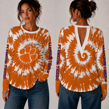 [FAN FAVORITE] NEW CUSTOMIZED NCAA FBS07 CST CLEMSON TIGERS WOMEN'S BACK V-CUT LONG-SLEEVE SHIRT
