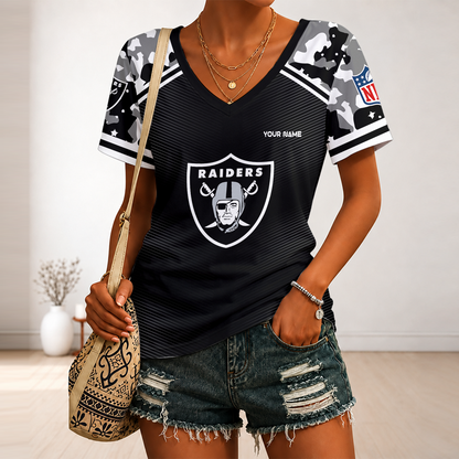 [SPECIAL OFFER] NEW CUSTOMIZED NFL07 LVR LAS VEGAS RAIDERS V-NECK FEMALE SHIRT