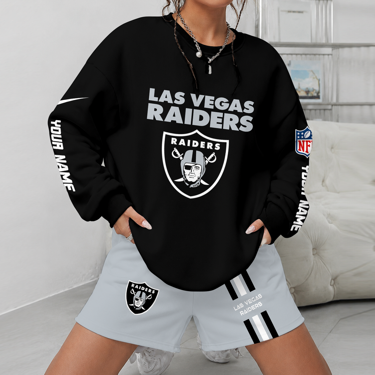 [SPECIAL OFFER] NEW CUSTOMIZED NFL07 LVR LAS VEGAS RAIDERS UNISEX SWEATSHIRT & SHORTS SET