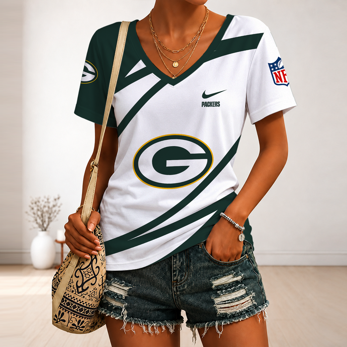[SPECIAL OFFER] NEW CUSTOMIZED NFL08 GBP GREEN BAY PACKERS V-NECK FEMALE SHIRT