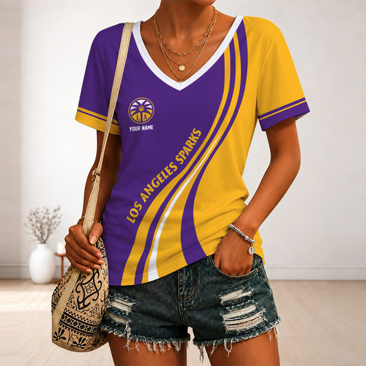[FAN FAVORITE] NEW CUSTOMIZED WNBA08 LAS LOS ANGELES SPARKS V-NECK FEMALE SHIRT