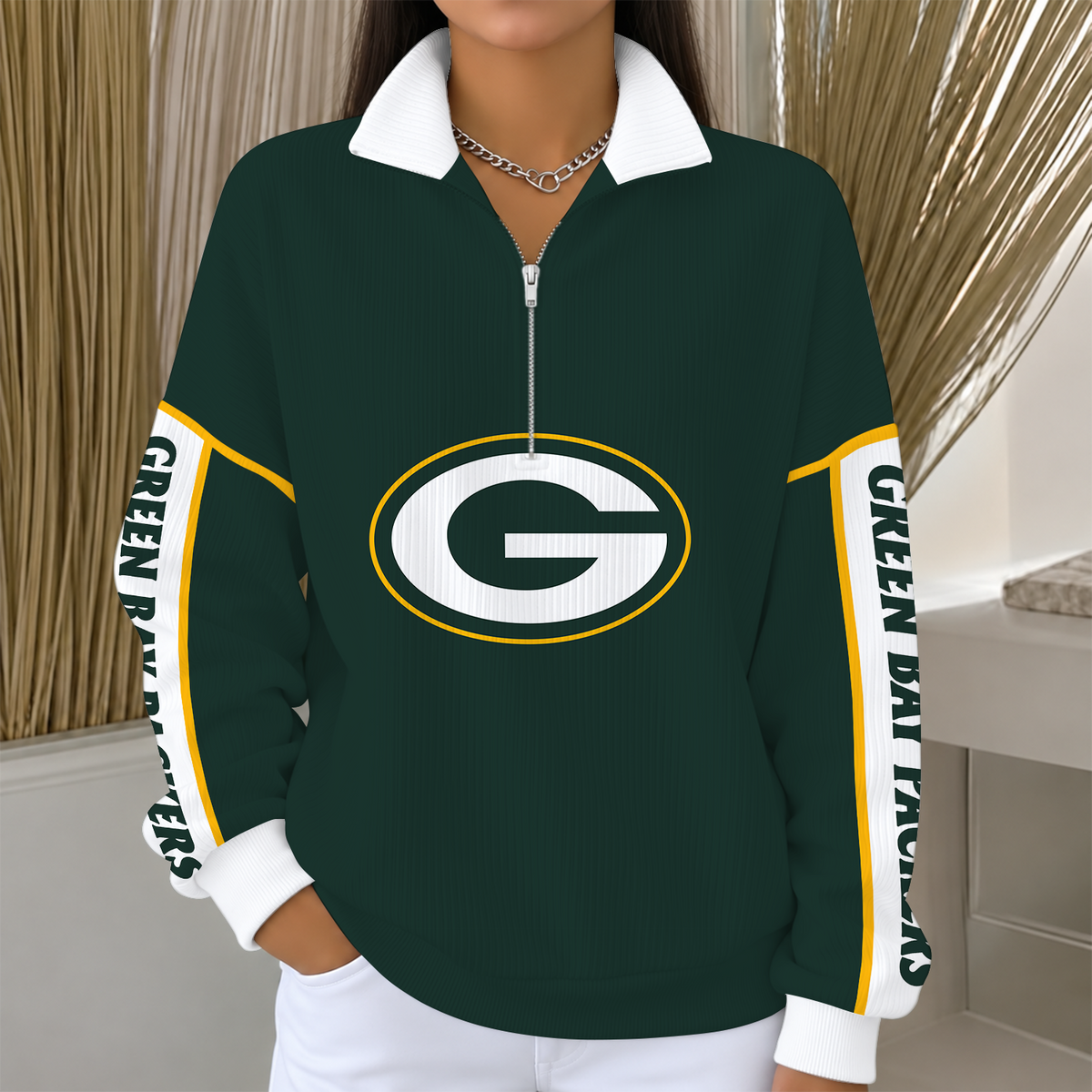 [SPECIAL OFFER] NEW CUSTOMIZED NFL08 GBP GREEN BAY PACKERS QUARTER ZIP RIBBED SWEATER