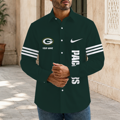 [SPECIAL OFFER] NEW CUSTOMIZED NFL08 GBP GREEN BAY PACKERS MEN'S LONG SLEEVE BUTTON-UP SHIRT