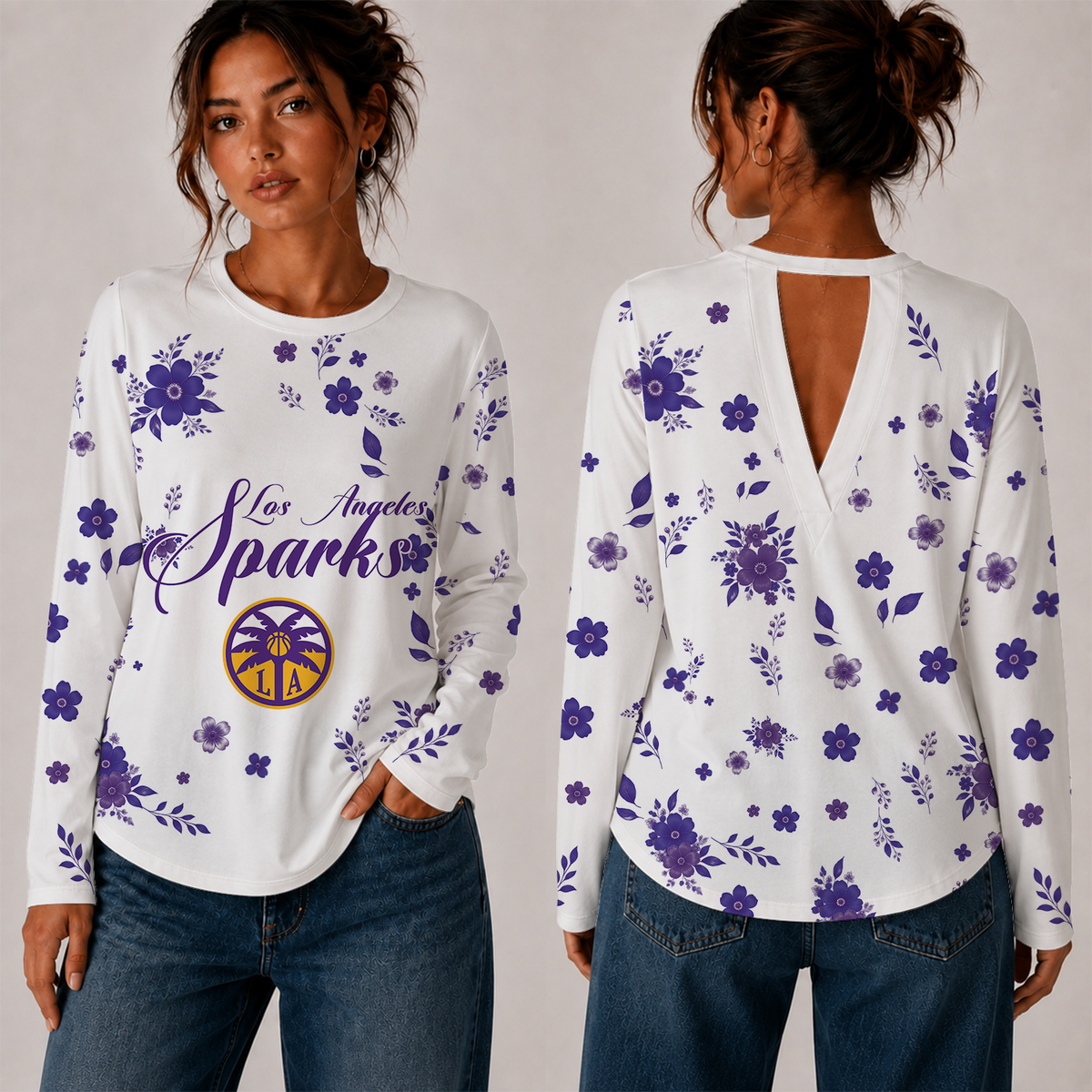 [FAN FAVORITE] NEW CUSTOMIZED WNBA08 LAS LOS ANGELES SPARKS WOMEN'S BACK V-CUT LONG-SLEEVE SHIRT