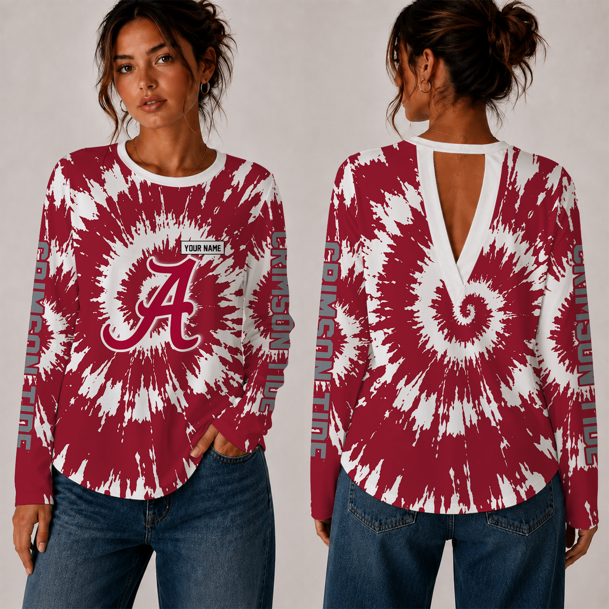 [FAN FAVORITE] NEW CUSTOMIZED NCAA FBS08 ABC ALABAMA CRIMSON TIDE WOMEN'S BACK V-CUT LONG-SLEEVE SHIRT