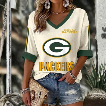 [SPECIAL OFFER] NEW CUSTOMIZED NFL08 GBP GREEN BAY PACKERS WOMEN'S HEART V-NECK LONG SLEEVE SHIRT