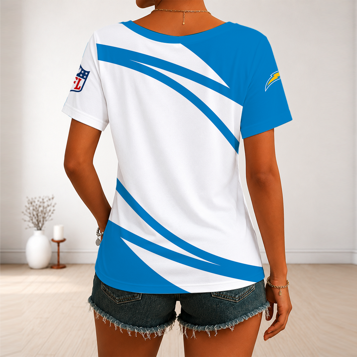 [SPECIAL OFFER] NEW CUSTOMIZED NFL09 LAC LOS ANGELES CHARGERS V-NECK FEMALE SHIRT