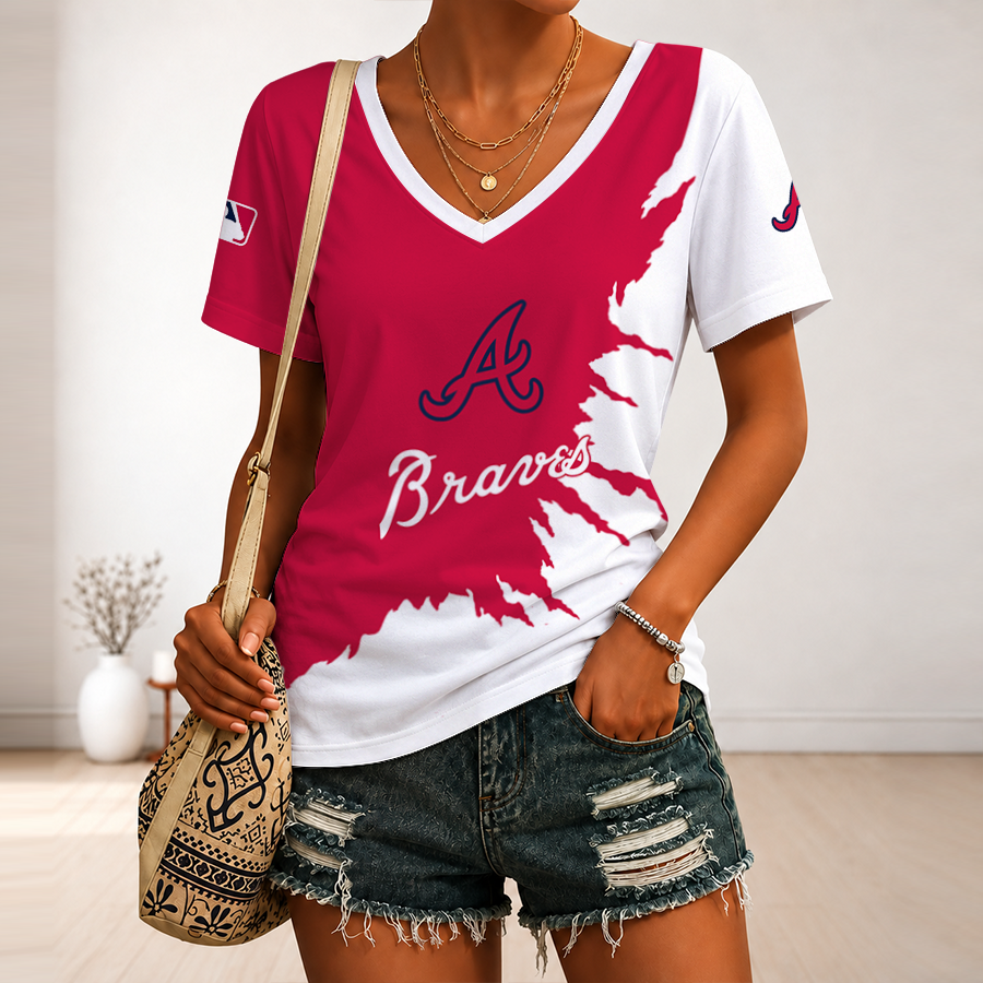 [FLASH SALE] NEW CUSTOMIZED MLB09 ABS ATLANTA BRAVES V-NECK FEMALE SHIRT