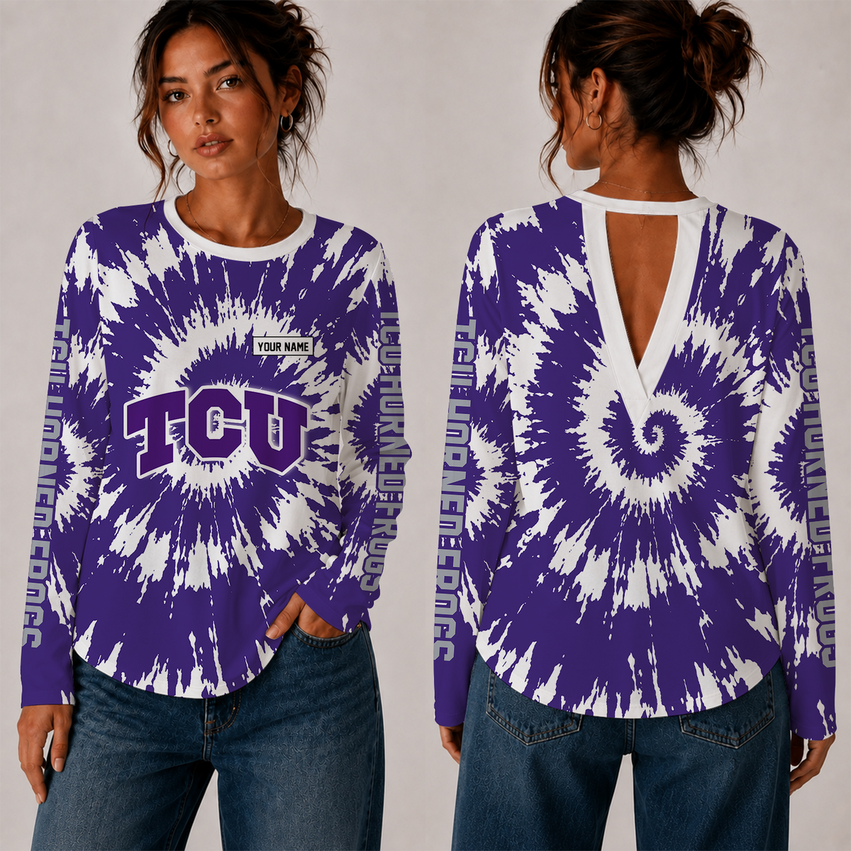 [FAN FAVORITE] NEW CUSTOMIZED NCAA FBS09 THF TCU HORNED FROGS WOMEN'S BACK V-CUT LONG-SLEEVE SHIRT