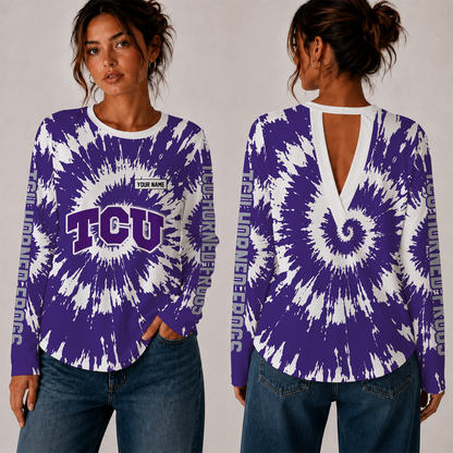 [FAN FAVORITE] NEW CUSTOMIZED NCAA FBS09 THF TCU HORNED FROGS WOMEN'S BACK V-CUT LONG-SLEEVE SHIRT