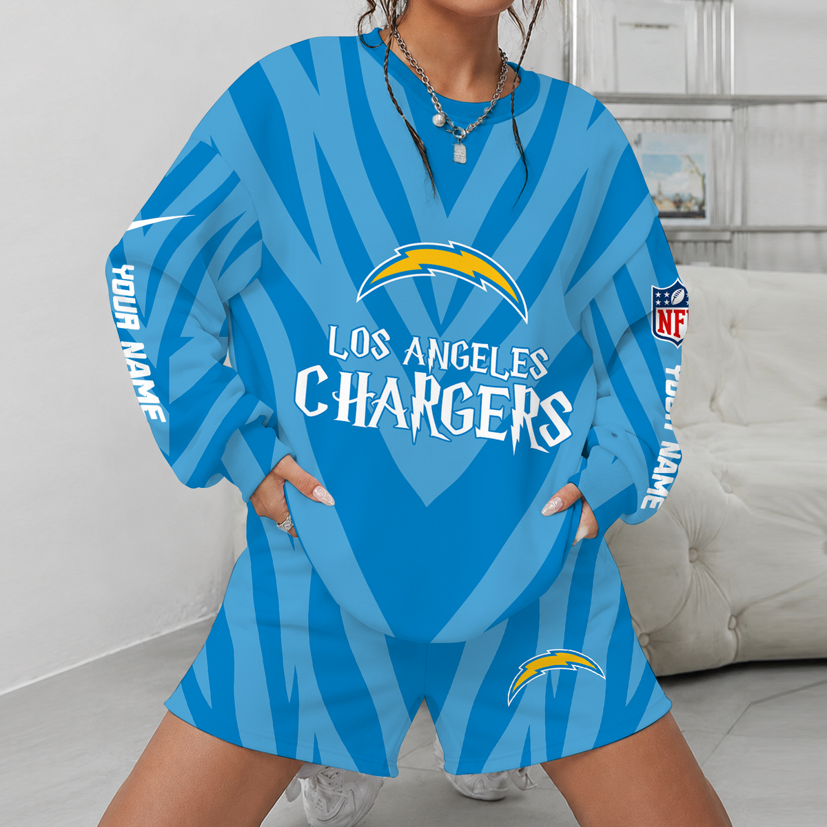 [SPECIAL OFFER] NEW CUSTOMIZED NFL09 LAC LOS ANGELES CHARGERS UNISEX SWEATSHIRT & SHORTS SET