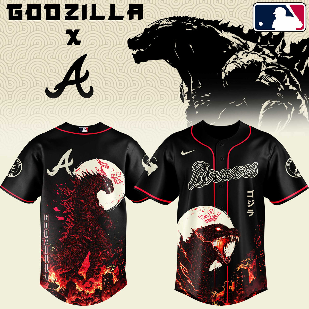 [FLASH SALE] NEW CUSTOMIZED MLB09 ABS ATLANTA BRAVES x GODZILLA BASEBALL JERSEY & CAP