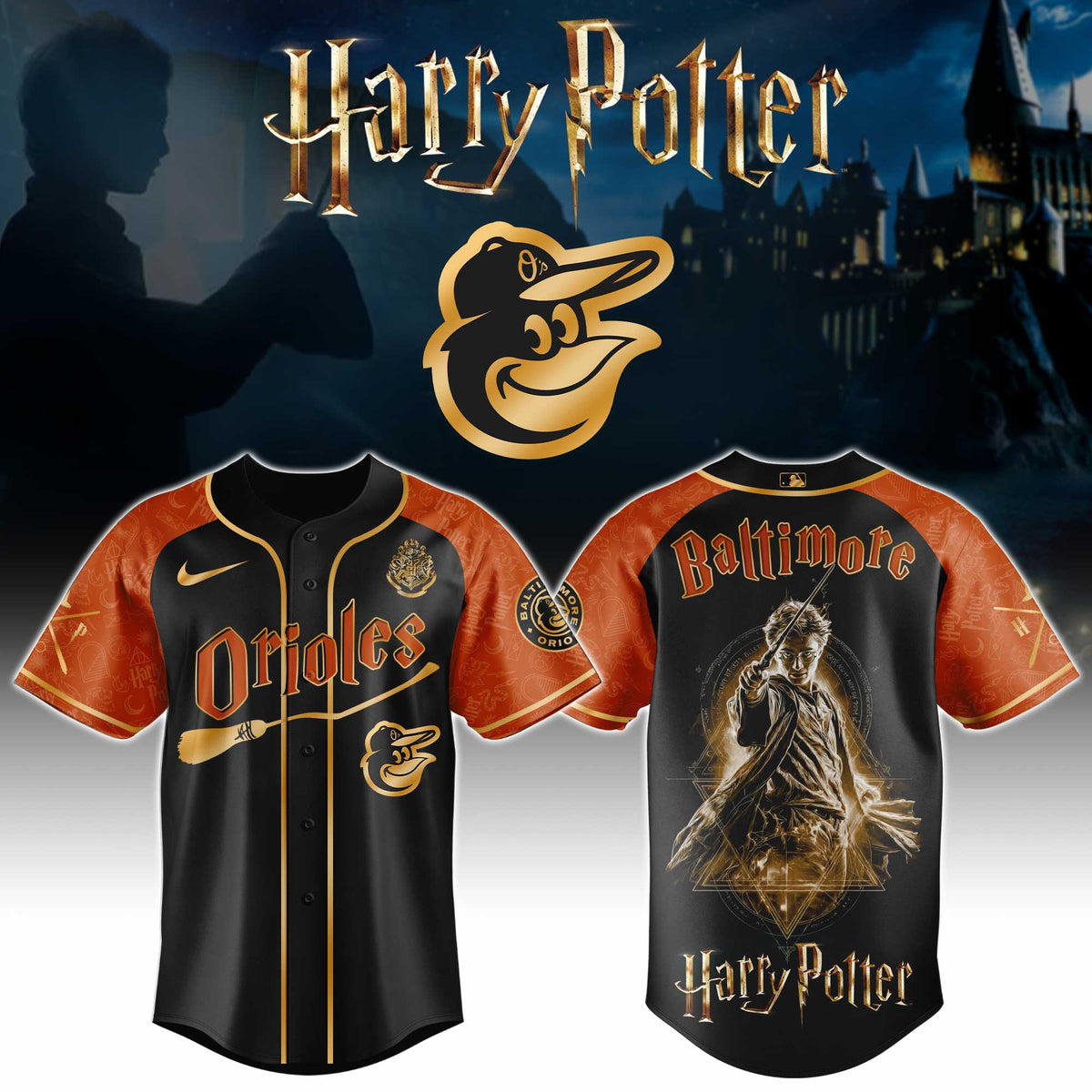 [FLASH SALE] NEW CUSTOMIZED MLB25 BOS BALTIMORE ORIOLES x HARRY POTTER BASEBALL JERSEY & CAP