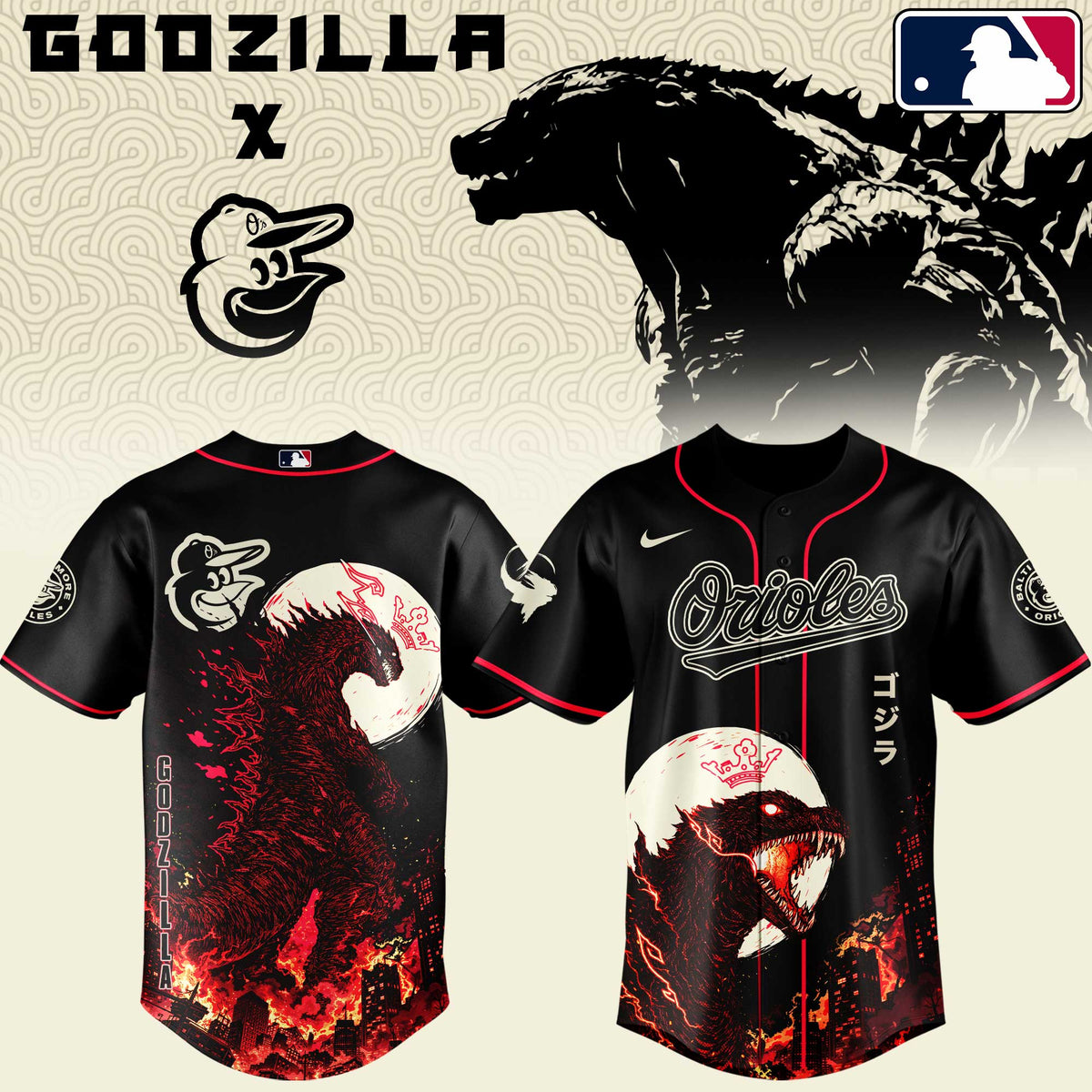 [FLASH SALE] NEW CUSTOMIZED MLB25 BOS BALTIMORE ORIOLES x GODZILLA BASEBALL JERSEY & CAP