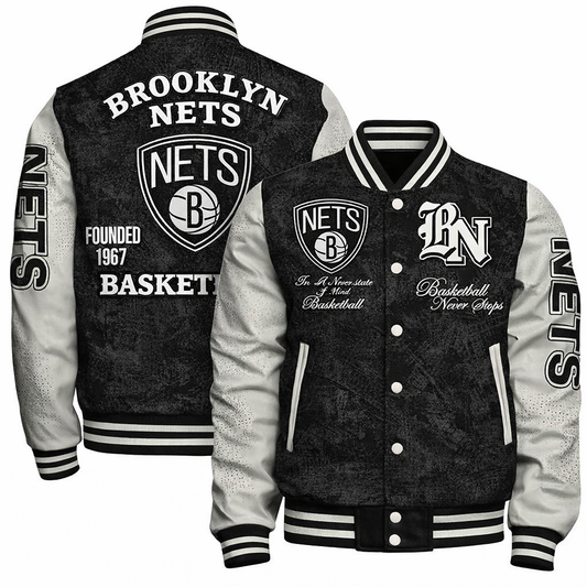 [HOT DEAL] NEW CUSTOMIZED NBA25 BNE BROOKLYN NETS BASEBALL JACKET, SATIN VARSITY JACKET
