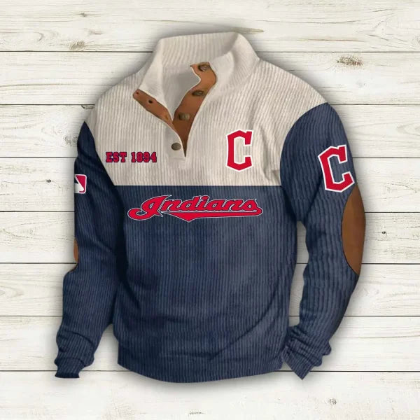 [FLASH SALE] NEW CUSTOMIZED MLB13 CGS CLEVELAND GUARDIANS BUTTON SWEATSHIRTS STAND COLLAR