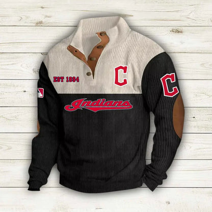 [FLASH SALE] NEW CUSTOMIZED MLB13 CGS CLEVELAND GUARDIANS BUTTON SWEATSHIRTS STAND COLLAR