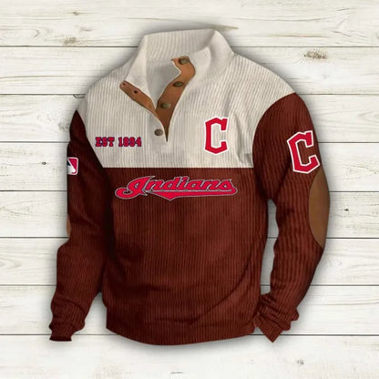 [FLASH SALE] NEW CUSTOMIZED MLB13 CGS CLEVELAND GUARDIANS BUTTON SWEATSHIRTS STAND COLLAR
